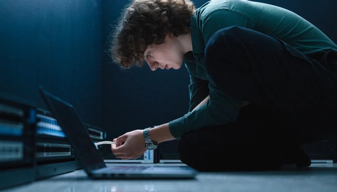 Engineer at a night workspace with monitors glowing out of focus