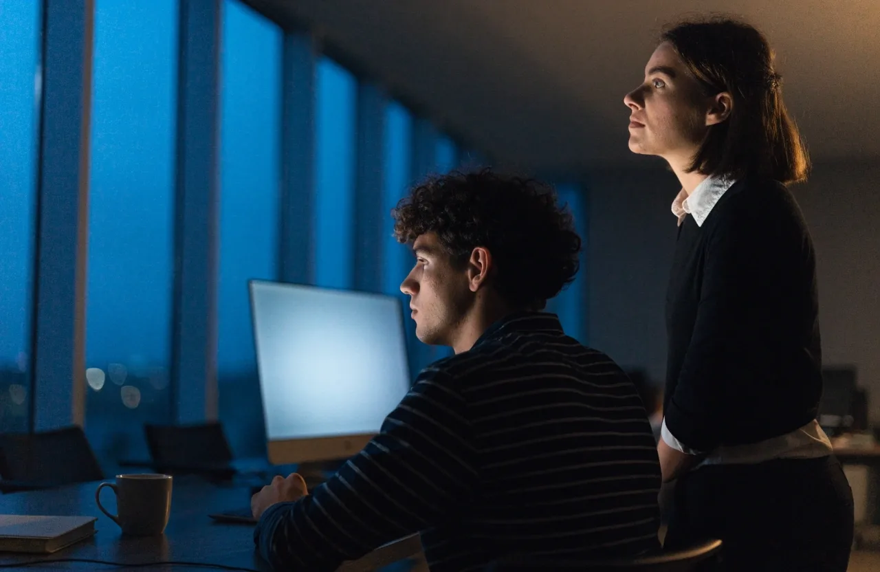 Product team reviewing a copilot suggestion together, screens out of focus