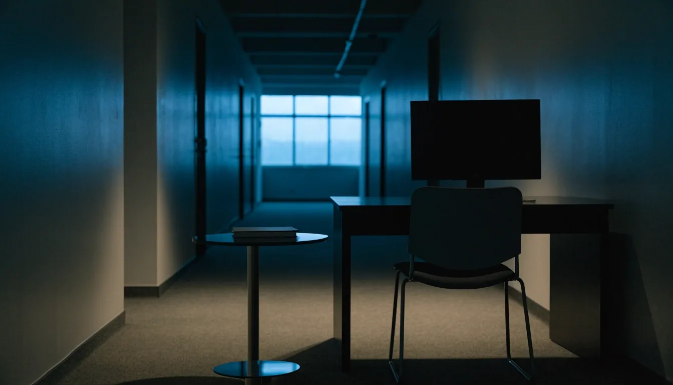 Quiet studio office at night seen from across the room, no readable text