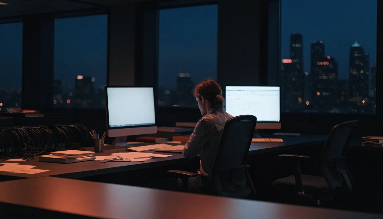 A dim Chicago development workspace at night with two glowing monitors turned away and one seated engineer