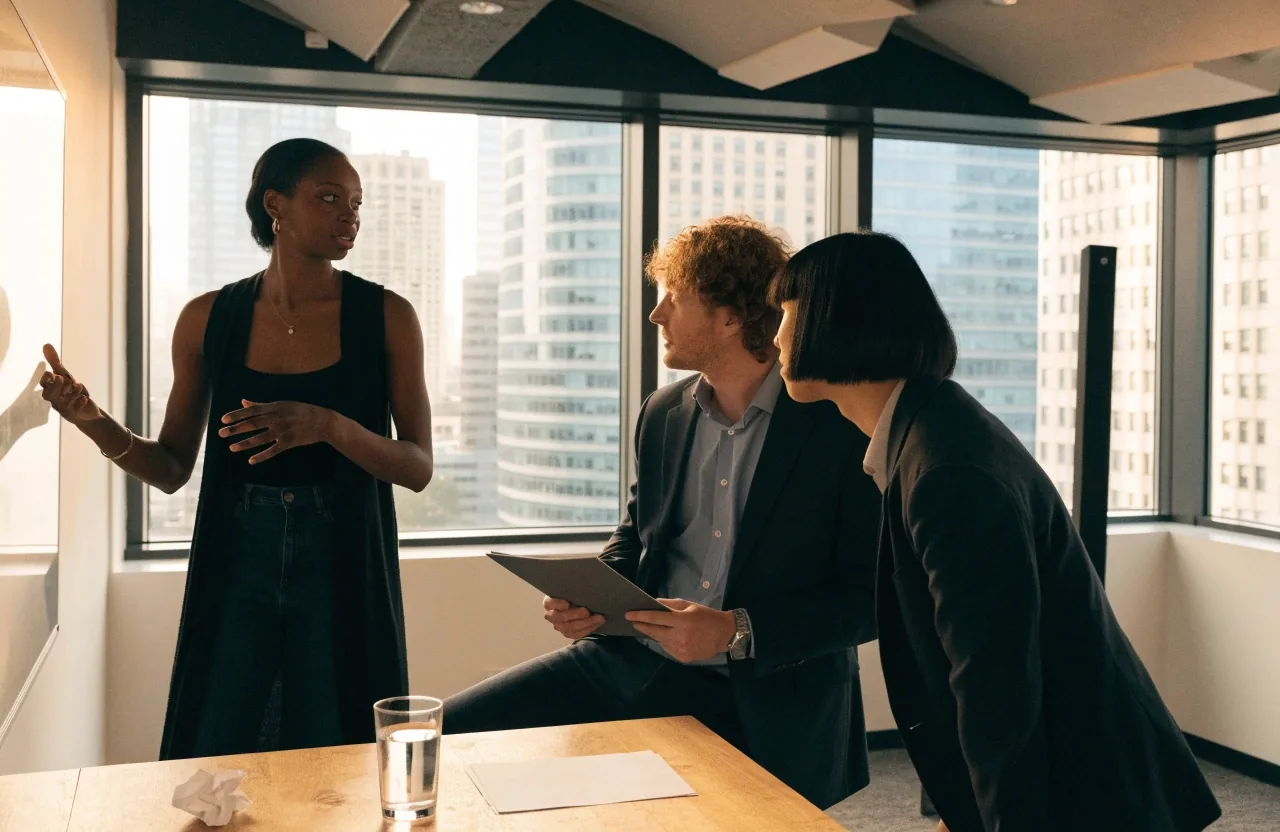 Three colleagues talking at a table in front of a blank whiteboard in a Chicago studio room