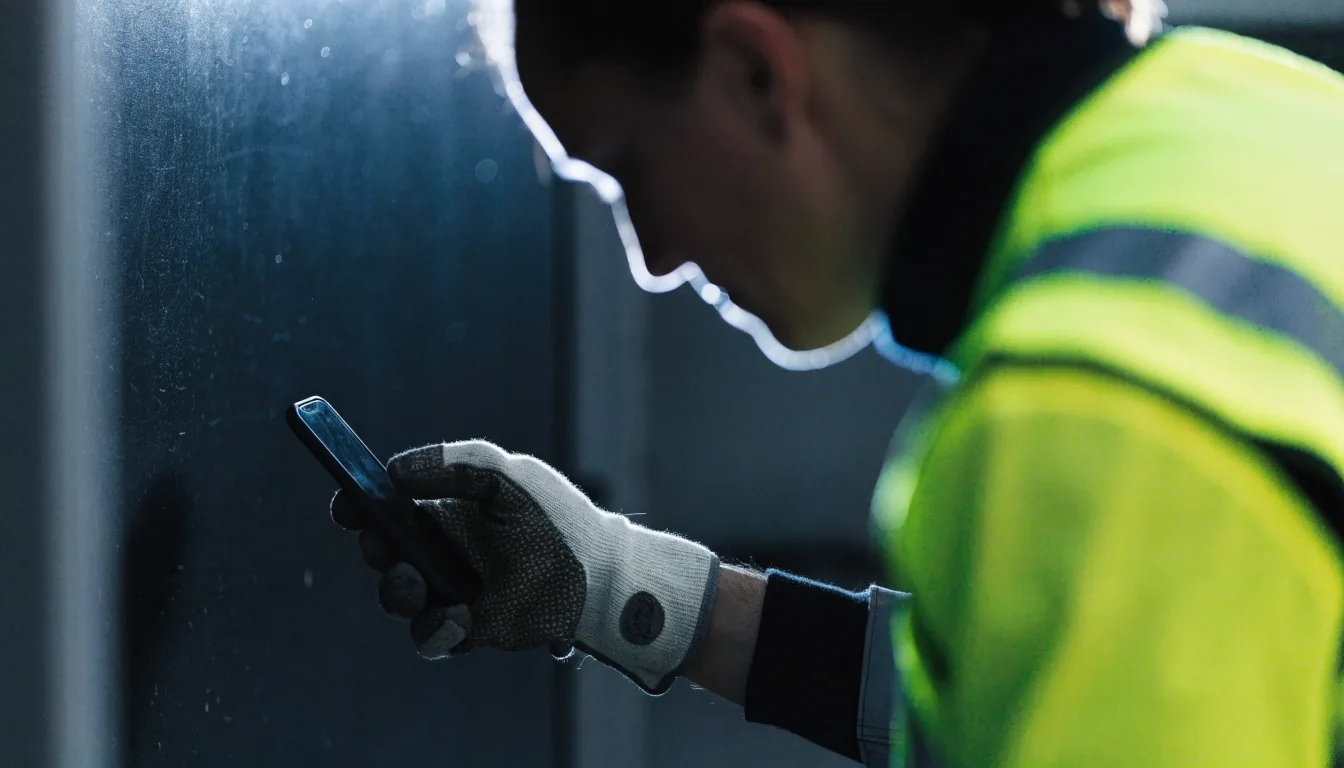 A field worker holding a phone on site, screen turned away from the camera