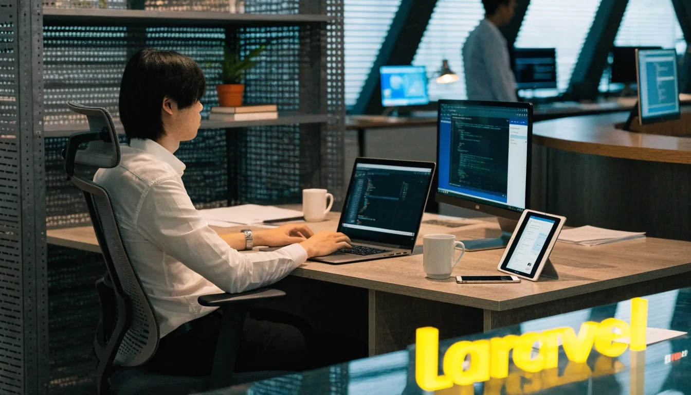 An engineer's silhouette at a night workspace with monitors glowing out of focus