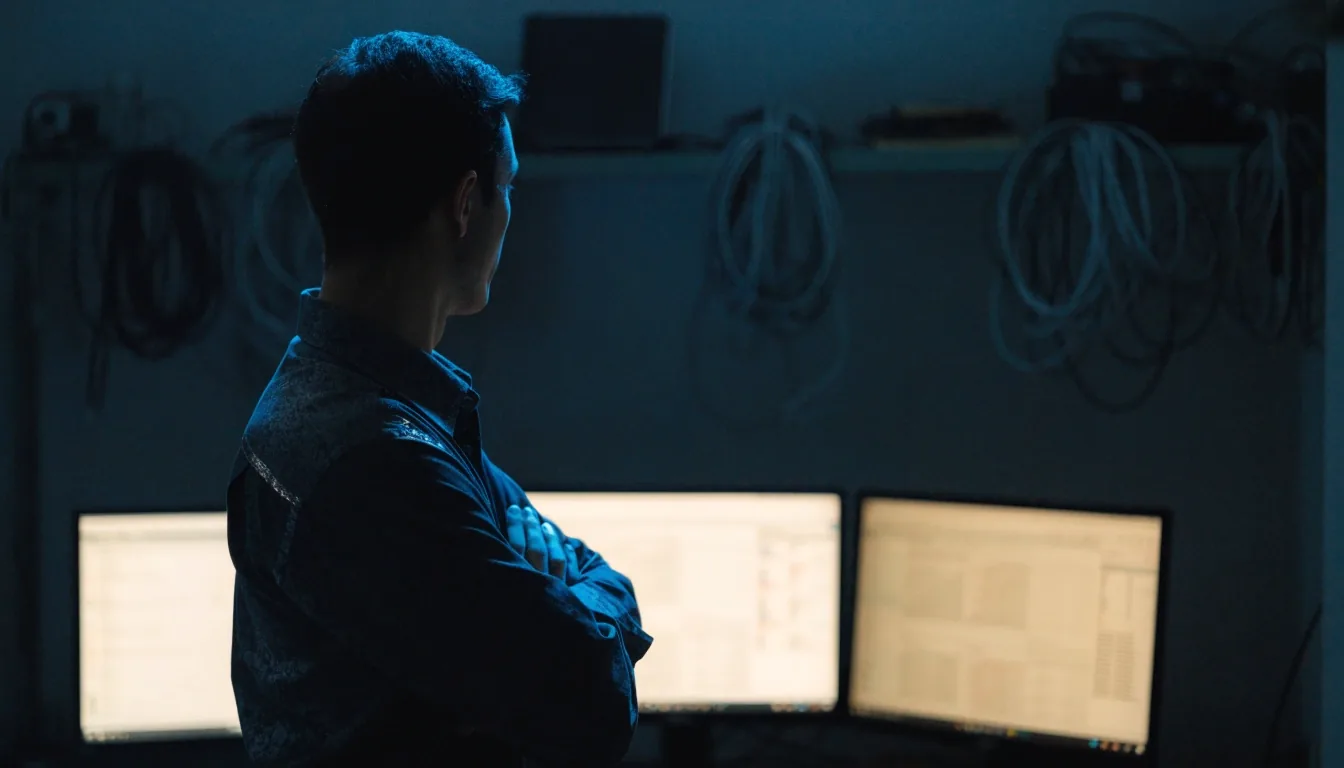 Engineer at a night workspace with monitors glowing out of focus