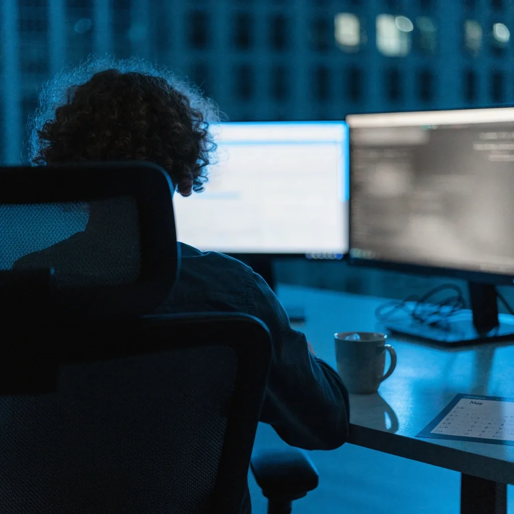 An over-the-shoulder view of a developer's desk at night with monitors glowing out of focus and cool blue rim light