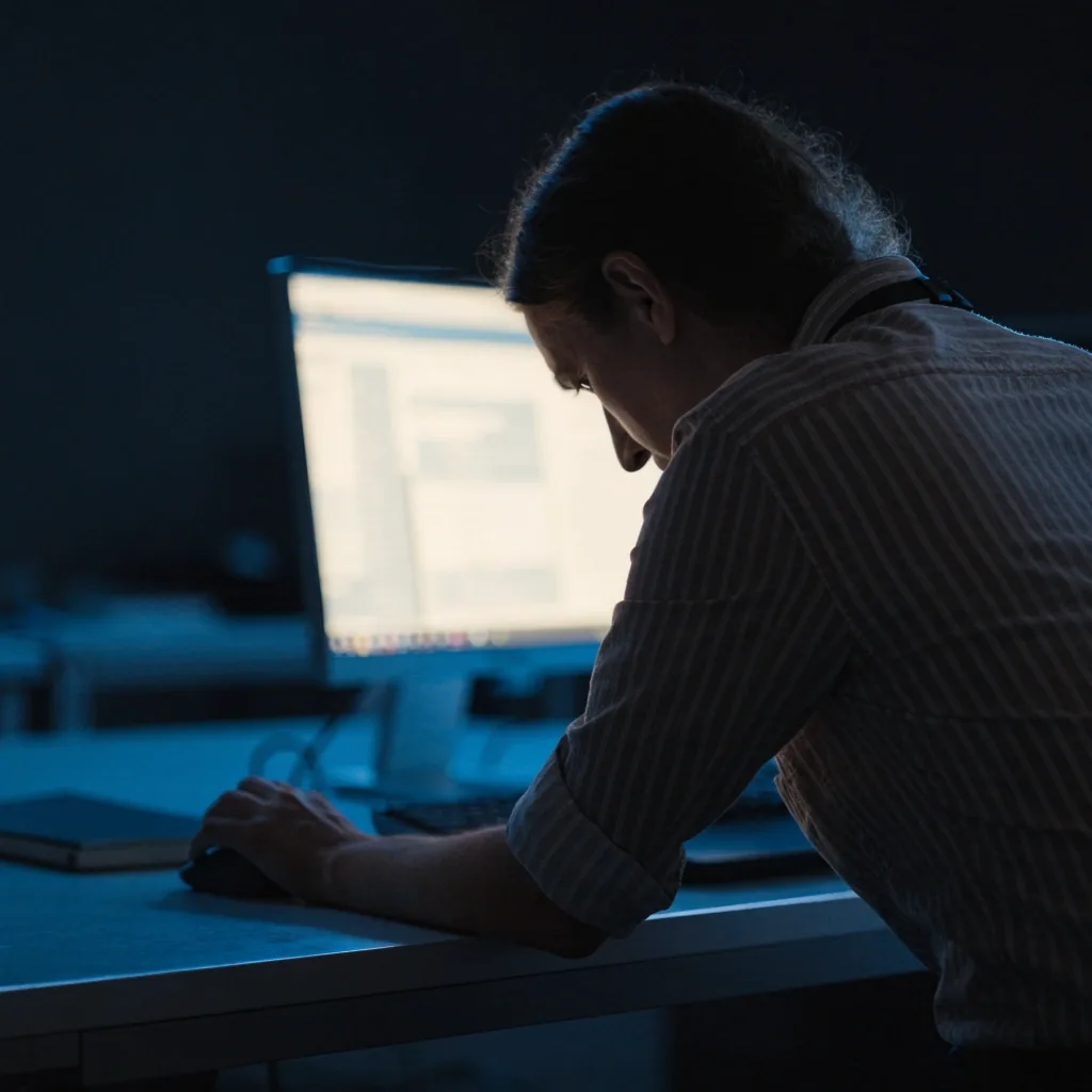 Two monitors glowing softly in an empty office in the early morning after a release