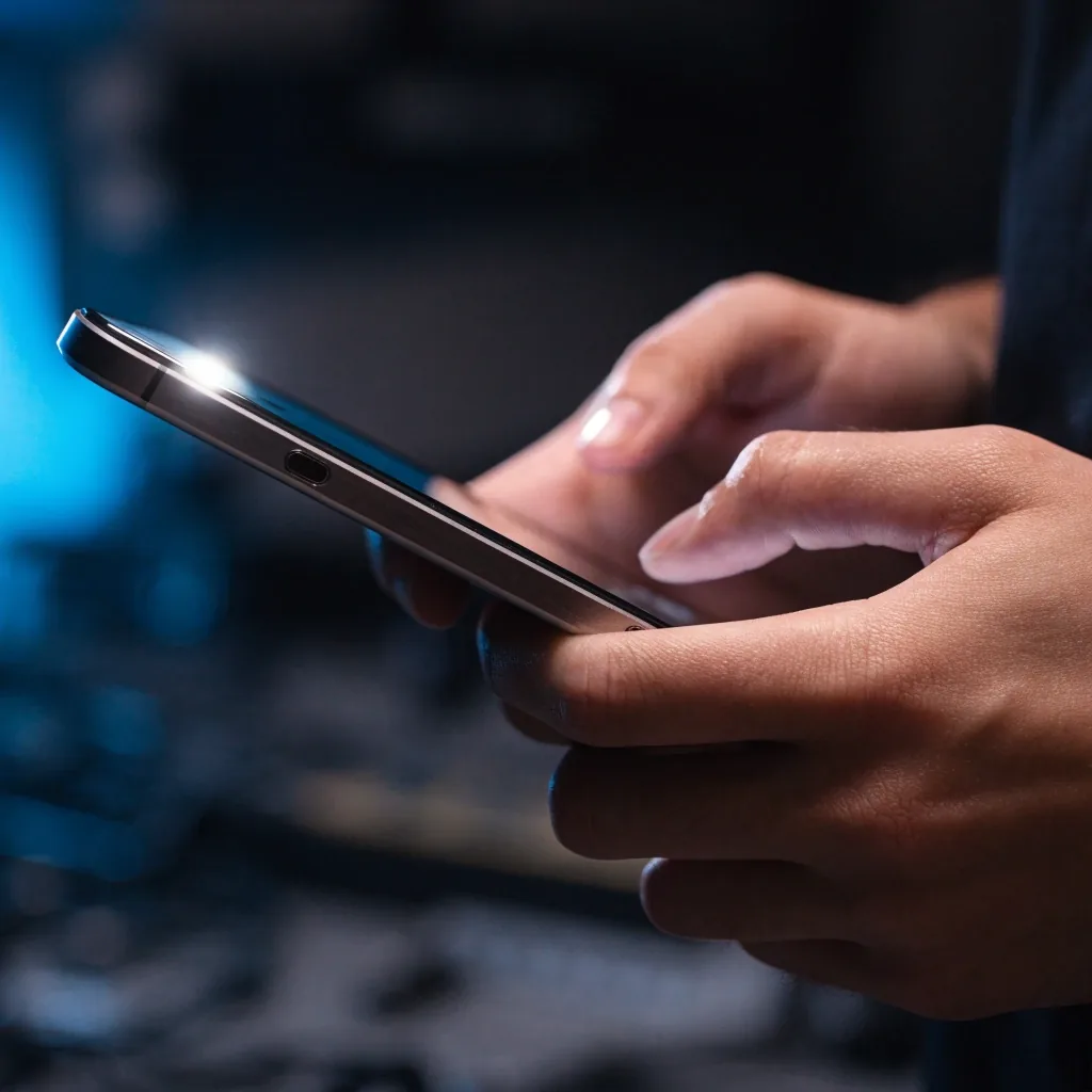 A hand holding a phone angled away from the camera against a dark neutral wall, lit by cool rim light