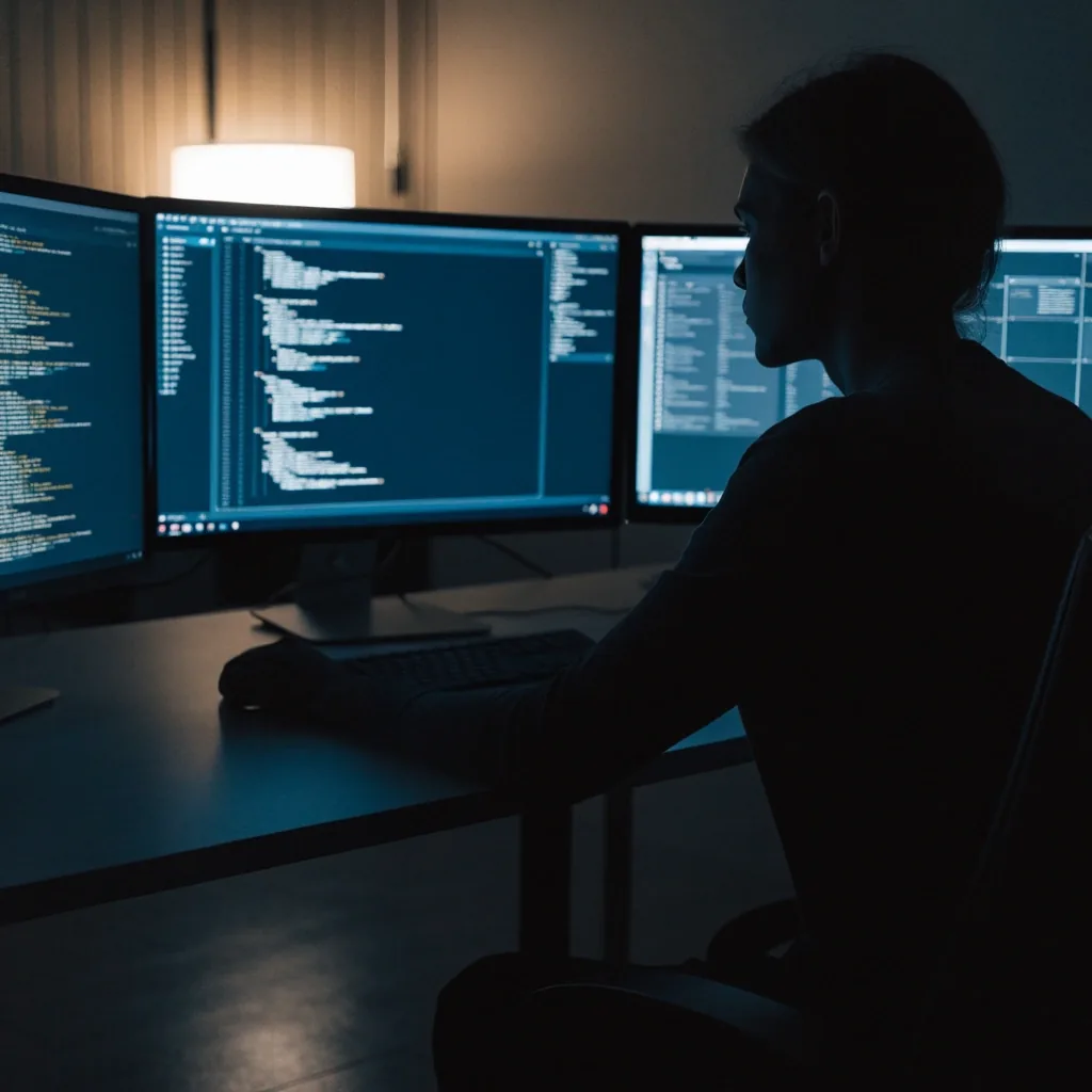 An over-the-shoulder view of a night workspace with a seated engineer silhouetted against out-of-focus screen glow