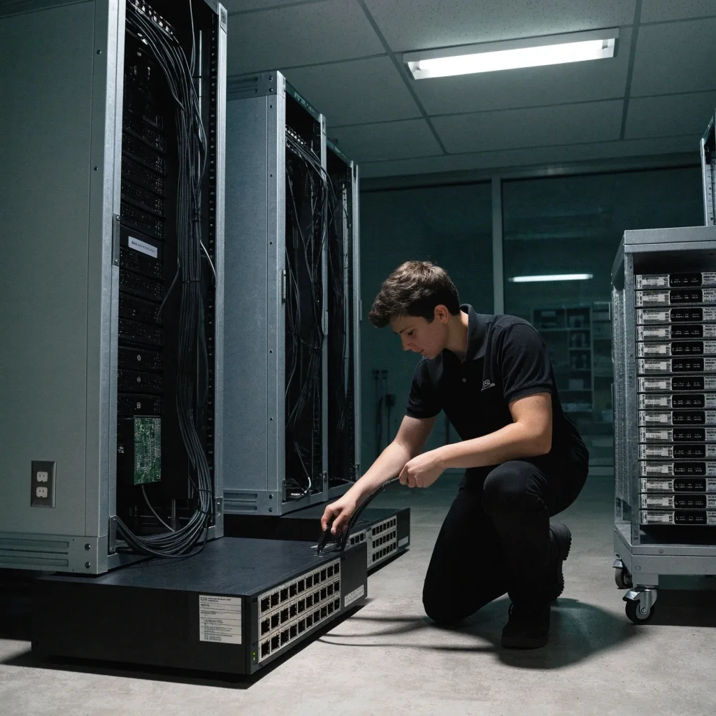 Neat rows of closed server enclosures and clipped cable runs in a cool-lit infrastructure room