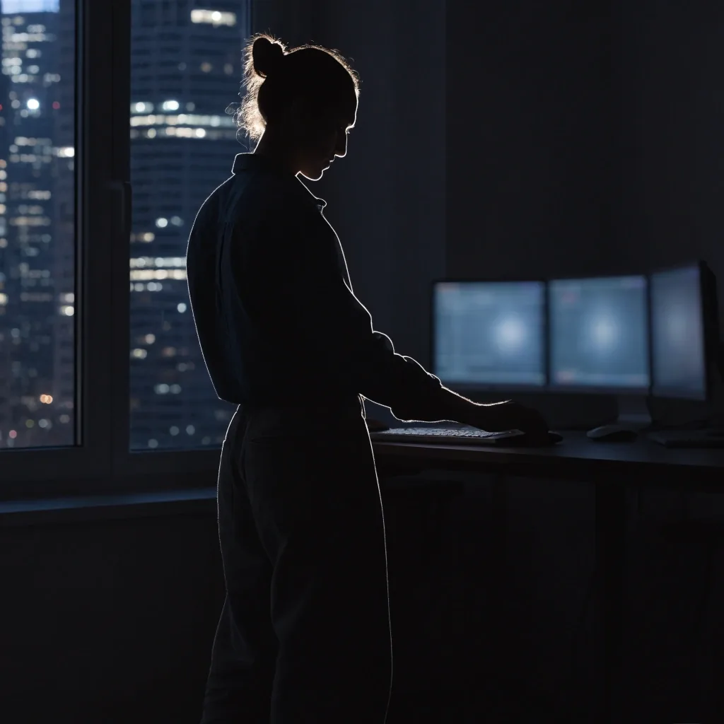 Engineer working at an evening build session with monitors glowing out of focus behind them