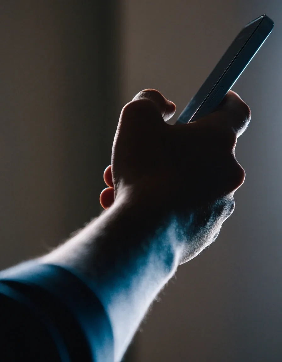 Hand holding a phone turned away from the camera against a dark wall